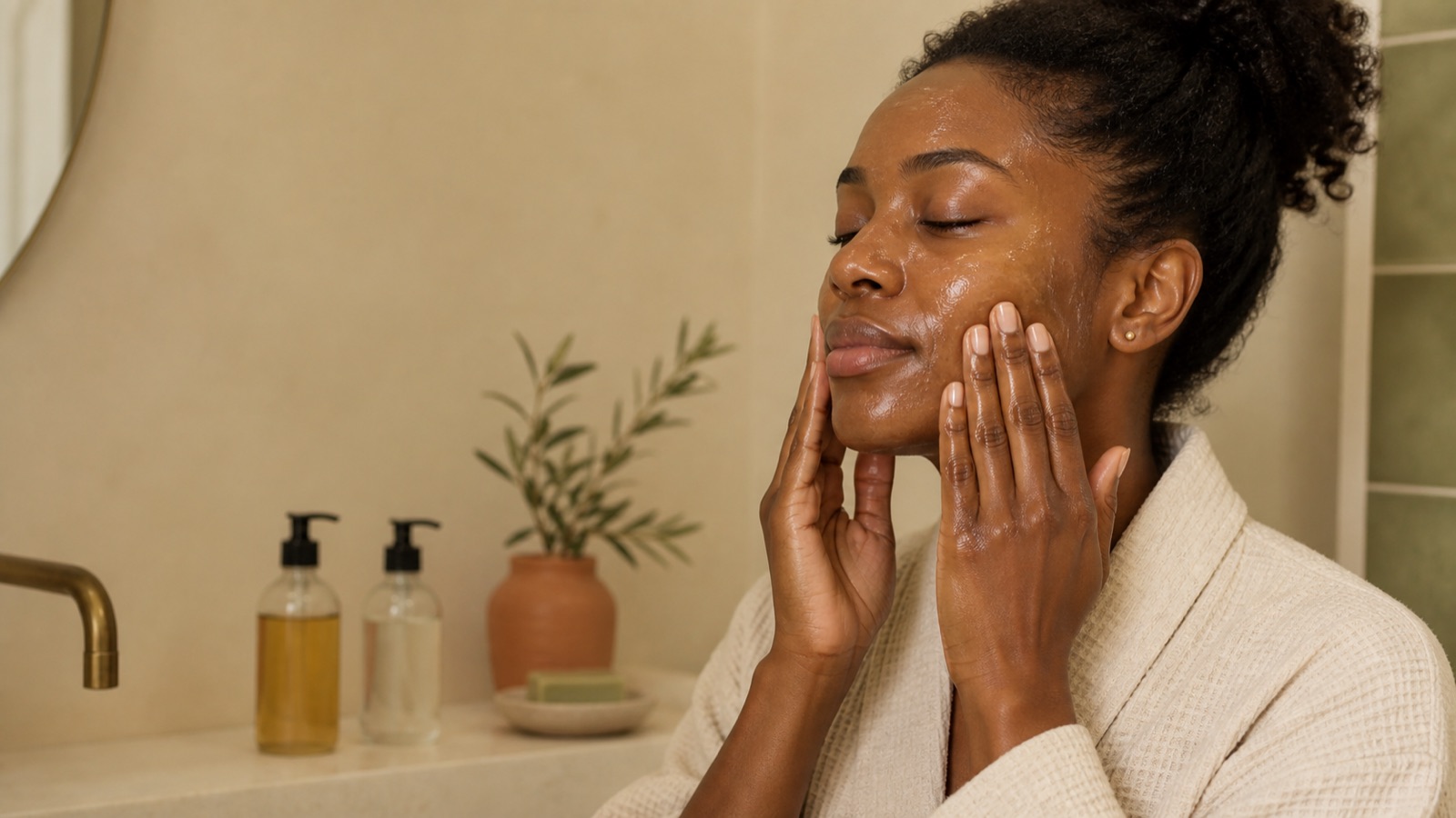 Donna adulta massaggia delicatamente un detergente oleoso sul viso asciutto davanti al lavabo con due flaconi senza marchio