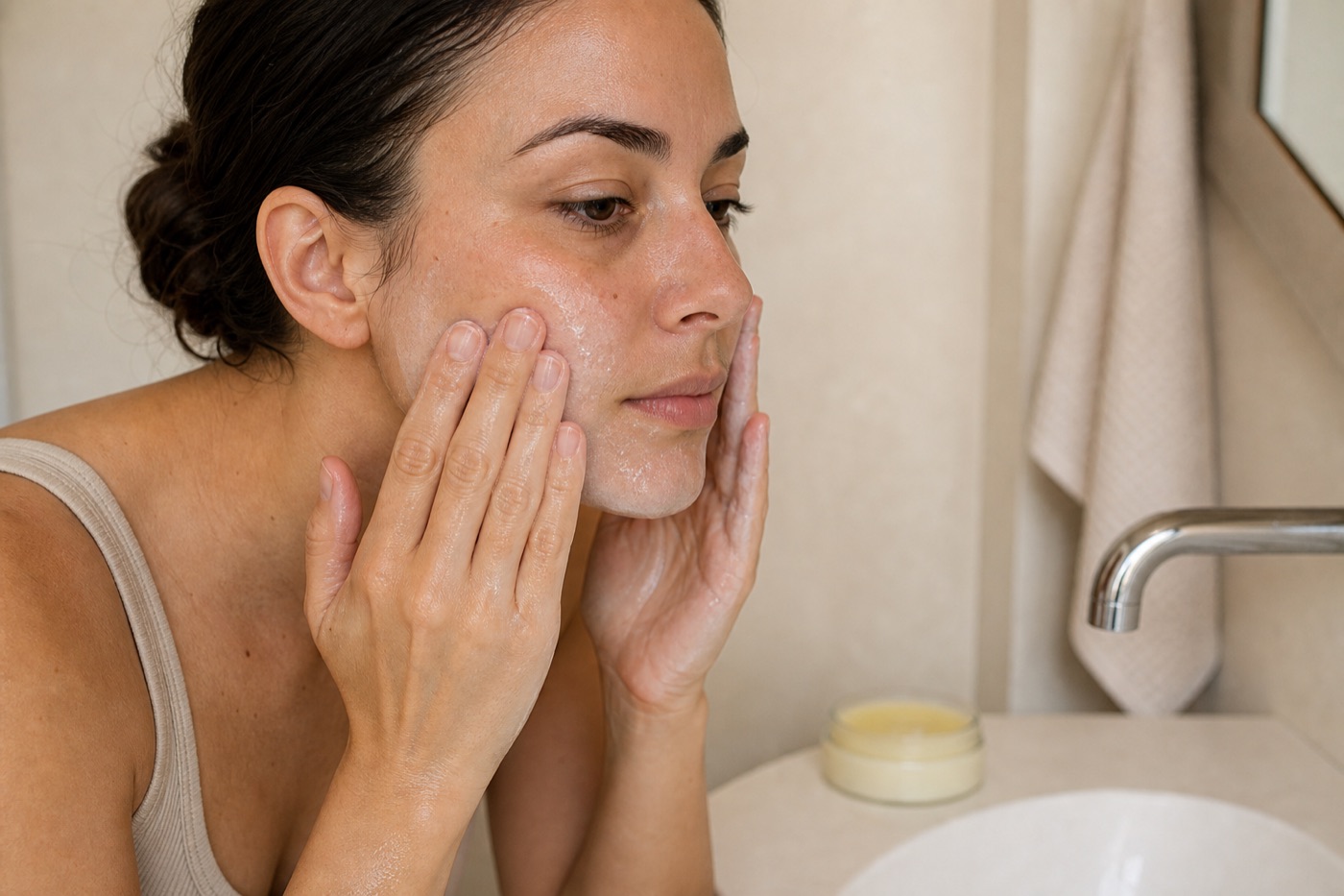 Donna adulta aggiunge acqua a un balsamo detergente sul viso e lo trasforma in una lieve emulsione lattiginosa