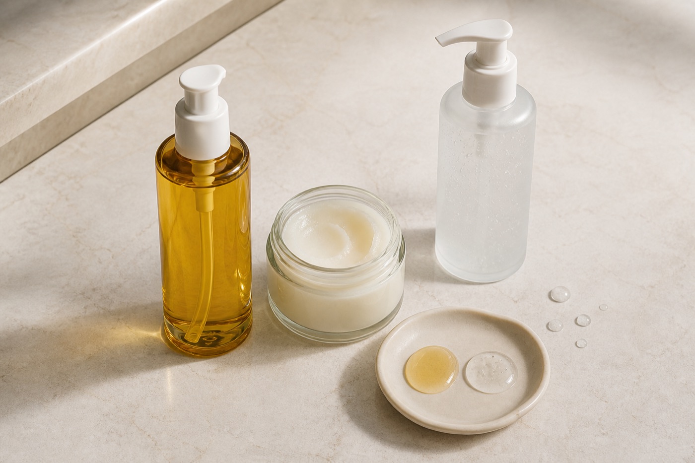 Detergente oleoso ambrato, balsamo e detergente gel acquoso in confezioni prive di marchio su un piano chiaro