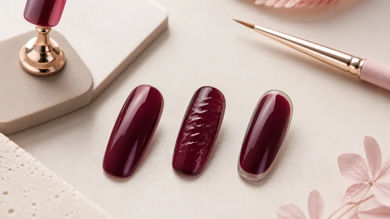 Tre tip bordeaux: superficie liscia, colore raggrinzito e margine del colore arretrato