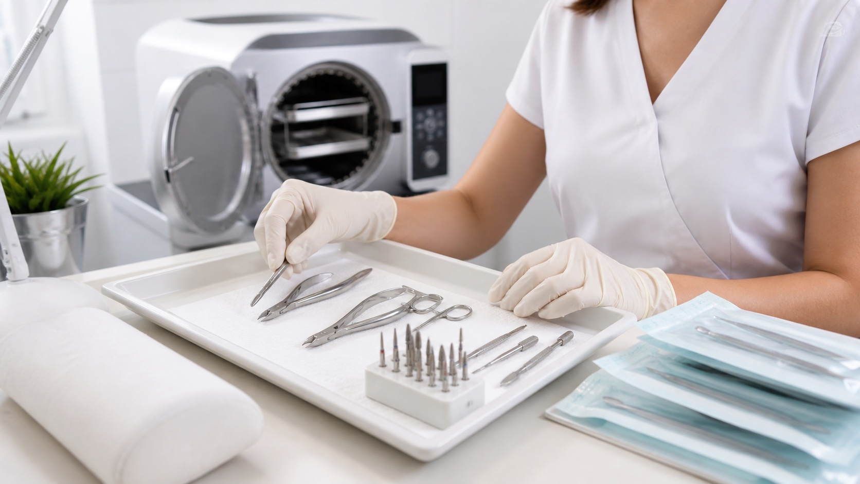 Onicotecnica con guanti organizza strumenti metallici puliti davanti a un’autoclave