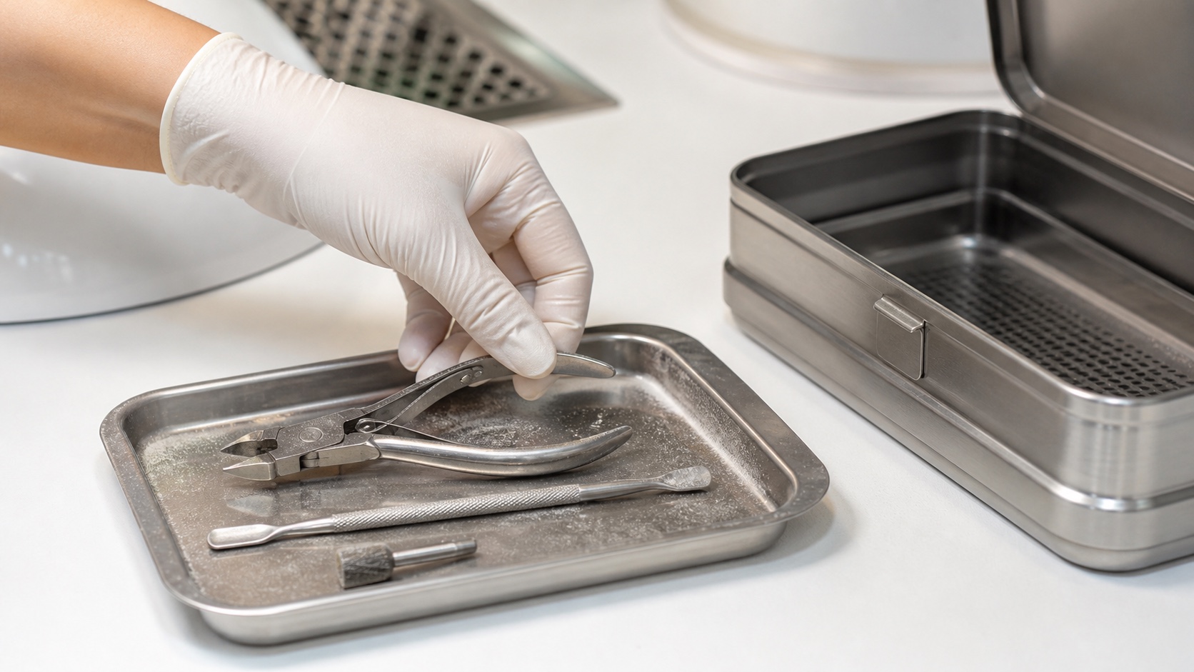 Used metal manicure tools with visible filing residue separated in the designated dirty area before cleaning