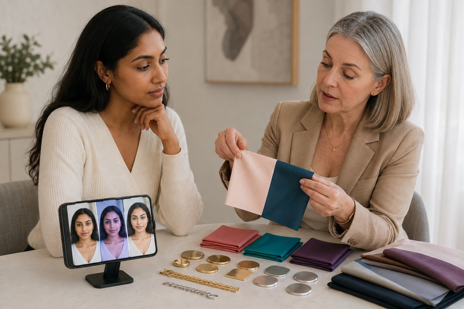 A colour consultant shows controlled warm and cool fabrics while a phone displays the same adult face under different white balance and varied gold and silver samples sit nearby
