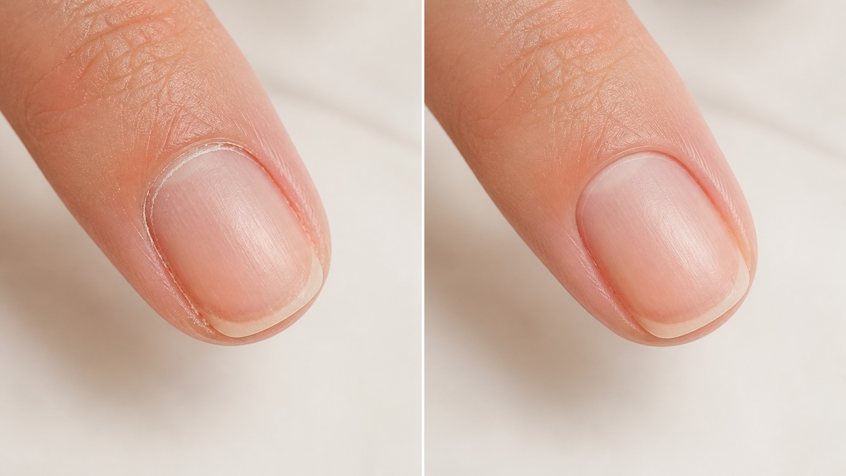 Before-and-after close view of a dry manicure showing a clean nail perimeter without redness, cuts or an artificially deep fold