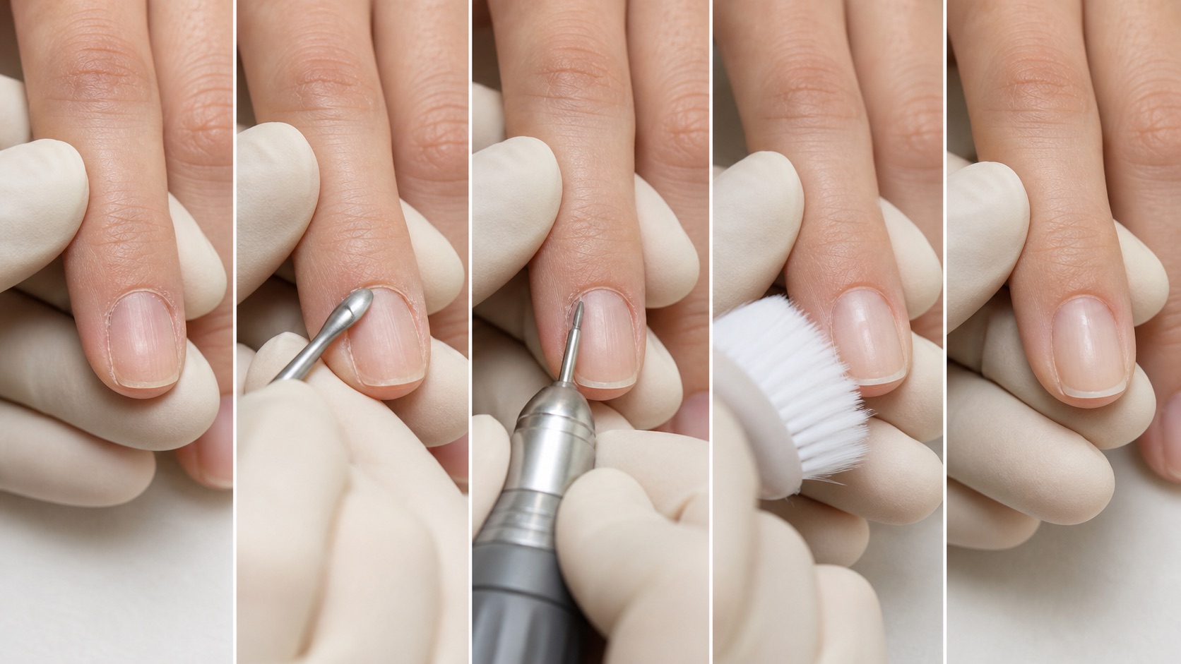 Five-stage professional dry-manicure sequence from assessment through gentle lifting, controlled e-file use, dust removal and intact result