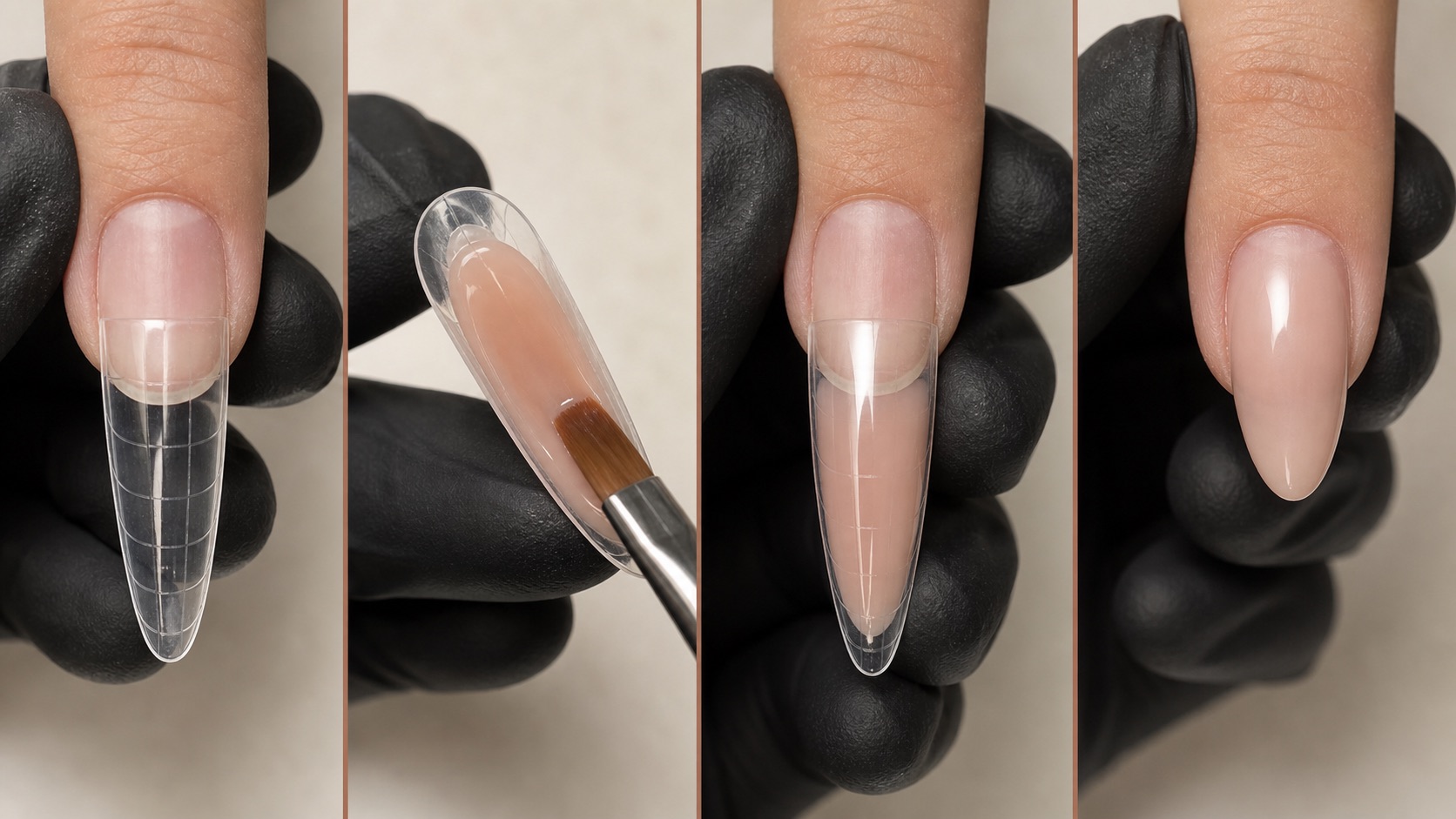 Nail technician positions a transparent dual form over a prepared natural nail in a controlled sequence