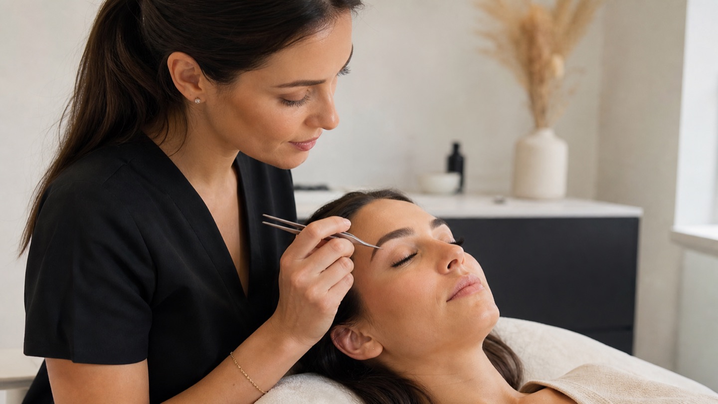Lash artist adulta valuta un set extension diradato e ricresciuto prima del refill su cliente adulta con occhi chiusi