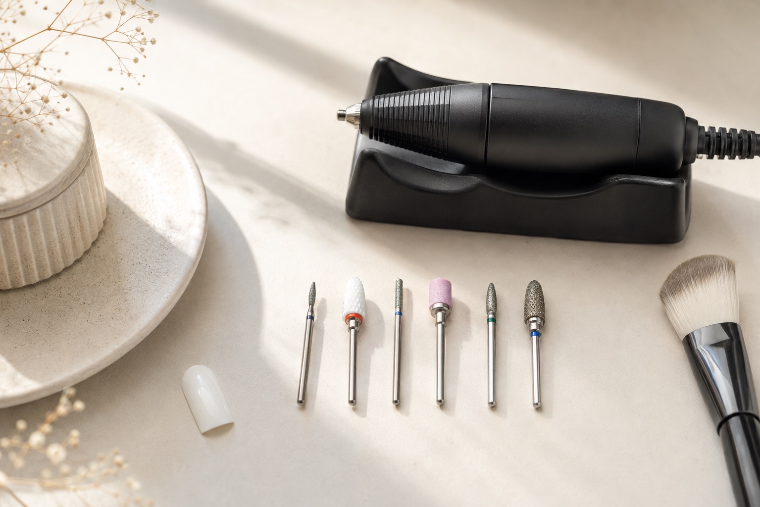 Professional electric nail file handpiece in its cradle beside an organised selection of clean nail drill bits