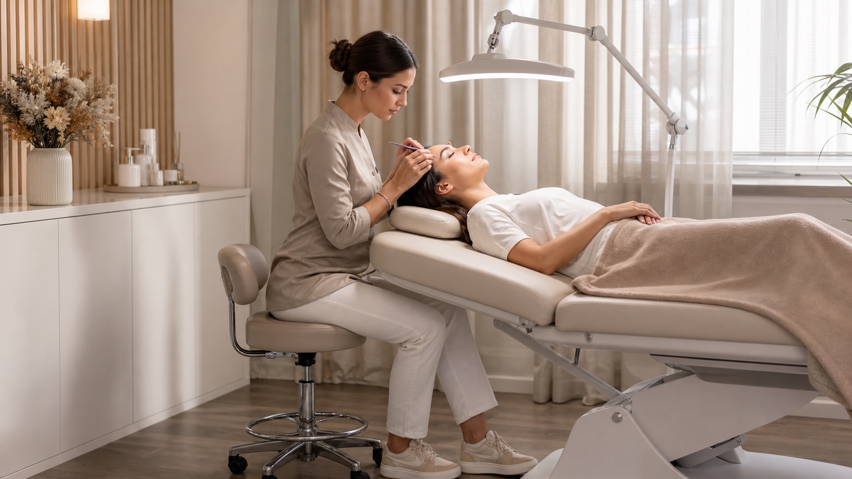 Lash maker adulta lavora su una cliente adulta con lettino regolato, lampada ampia, seduta stabile e polsi in posizione confortevole