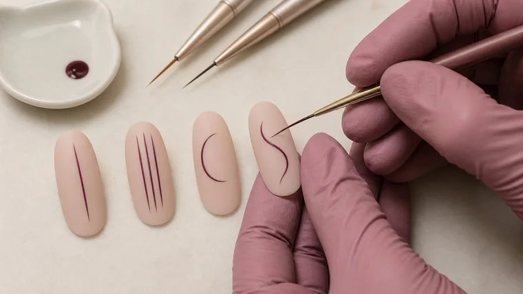 Quattro tip nude con una linea, tre parallele, una curva a C e una curva a S in gel bordeaux
