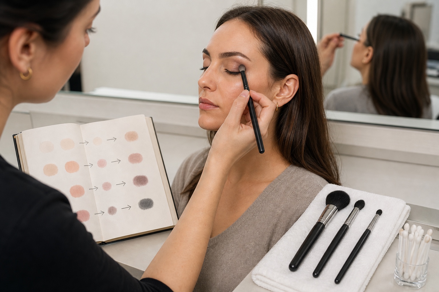 Allieva esercita una sfumatura occhi progressiva su una modella adulta accanto a pennelli puliti e una scheda di prove colore
