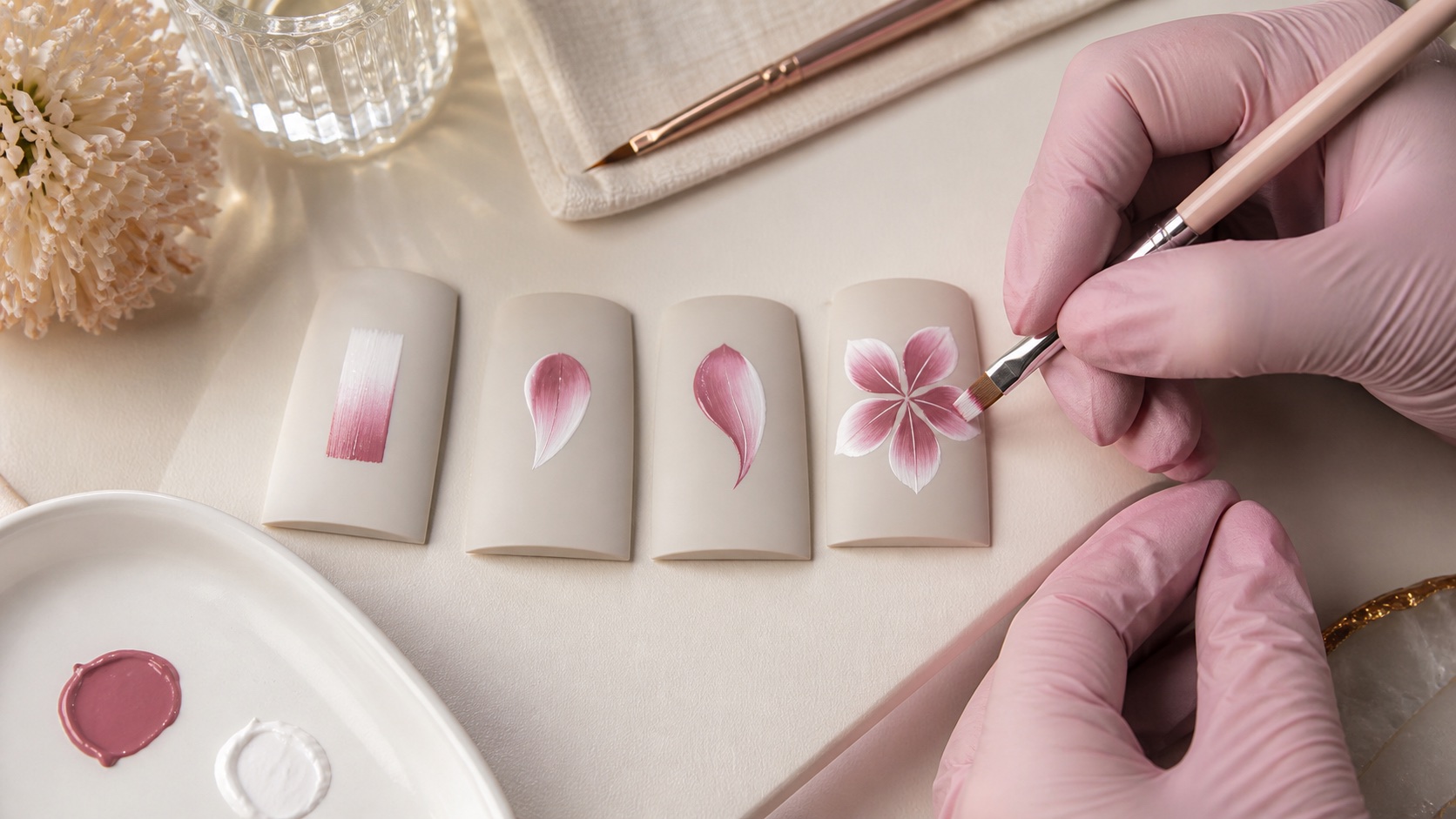 Esercizi progressivi di micropittura One Stroke con banda bicolore, petali, foglia e fiore su tip da pratica