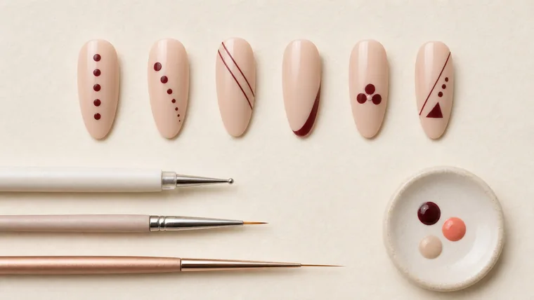 Sei tip nude con punti, diagonali, French laterale, fiore a tre petali e triangolo bordeaux