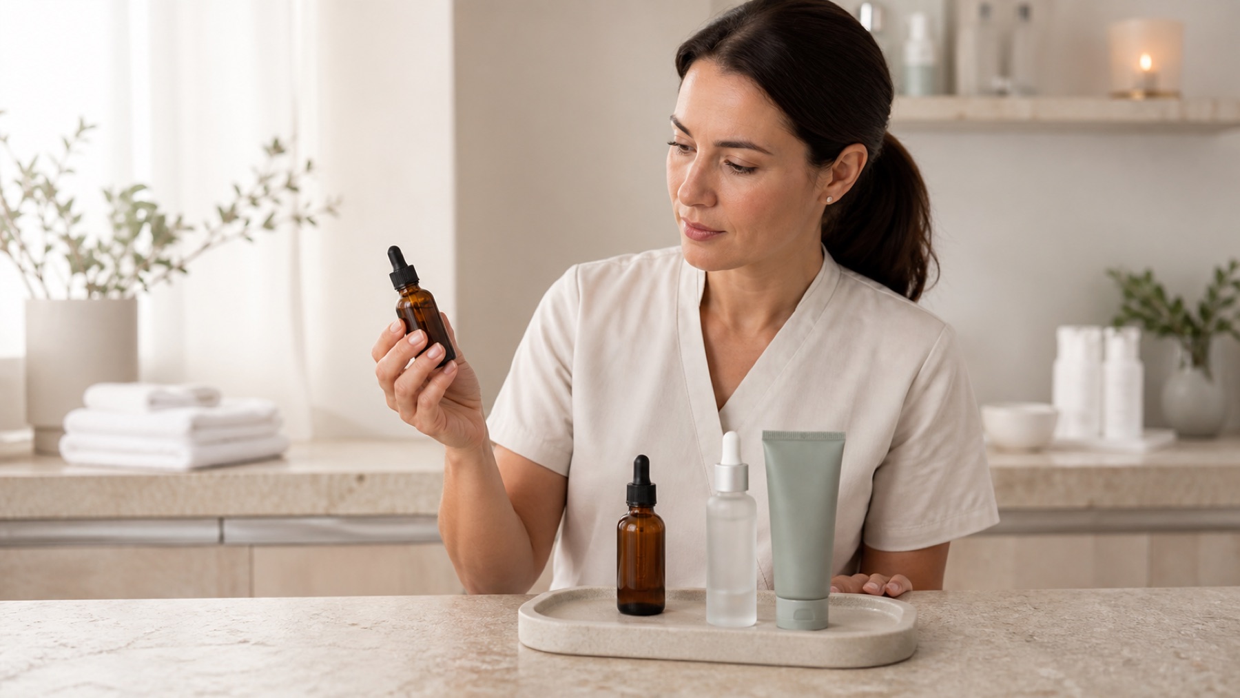 Professionista skincare confronta tre formule esfolianti senza marchio in uno studio luminoso e neutro