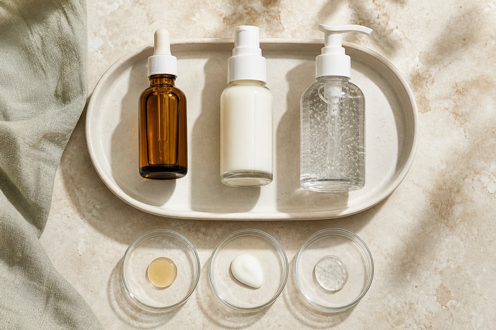 Tre formule esfolianti senza marchio con texture liquida, lattiginosa e gel disposte separatamente su un piano chiaro