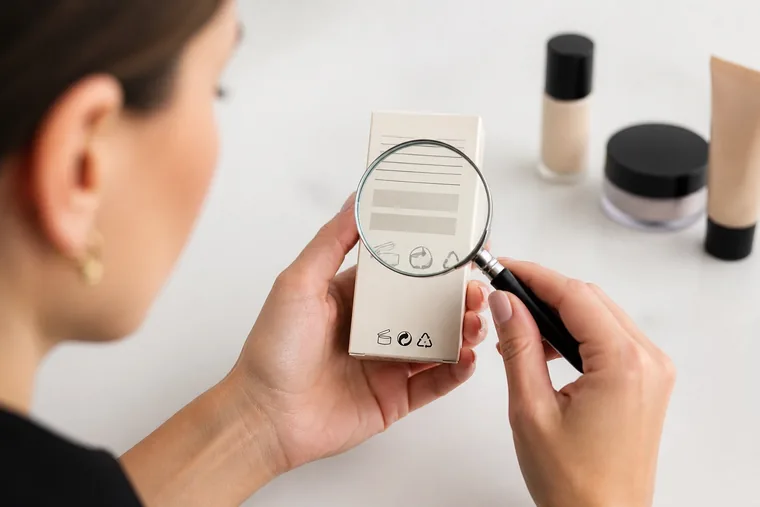 Una make-up artist osserva con una lente il retro della confezione di un cosmetico