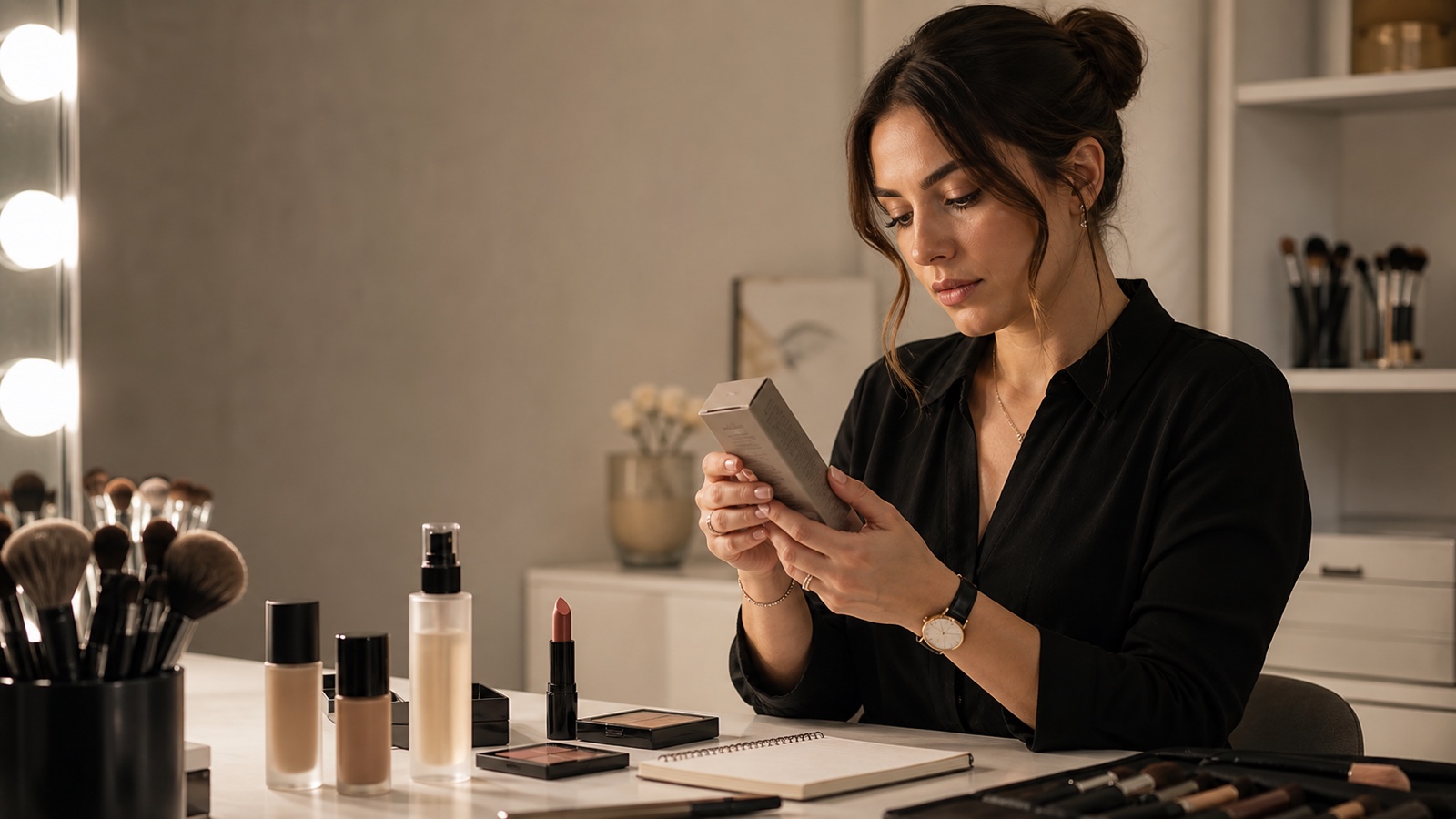 Make-up artist adulta controlla attentamente il retro dell’imballaggio di un cosmetico in una postazione professionale ordinata con prodotti non brandizzati