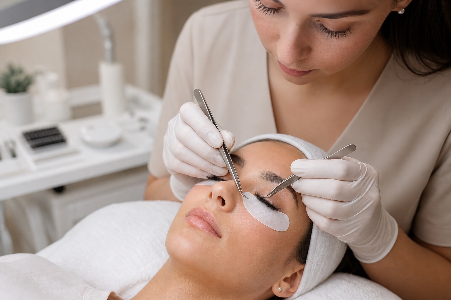 Lash artist adulta esegue extension ciglia one to one su cliente adulta con occhi chiusi, pad protettivi, guanti e due pinzette in una postazione luminosa