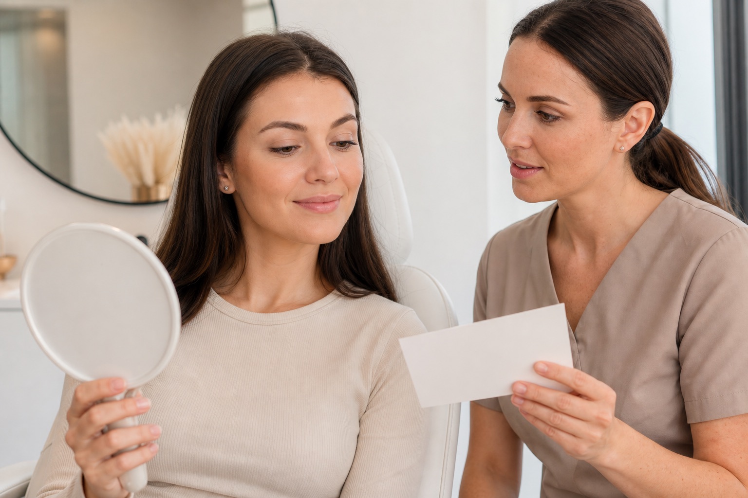 Cliente adulta osserva allo specchio un risultato extension leggero mentre la lash maker adulta spiega mantenimento e scheda di consultazione