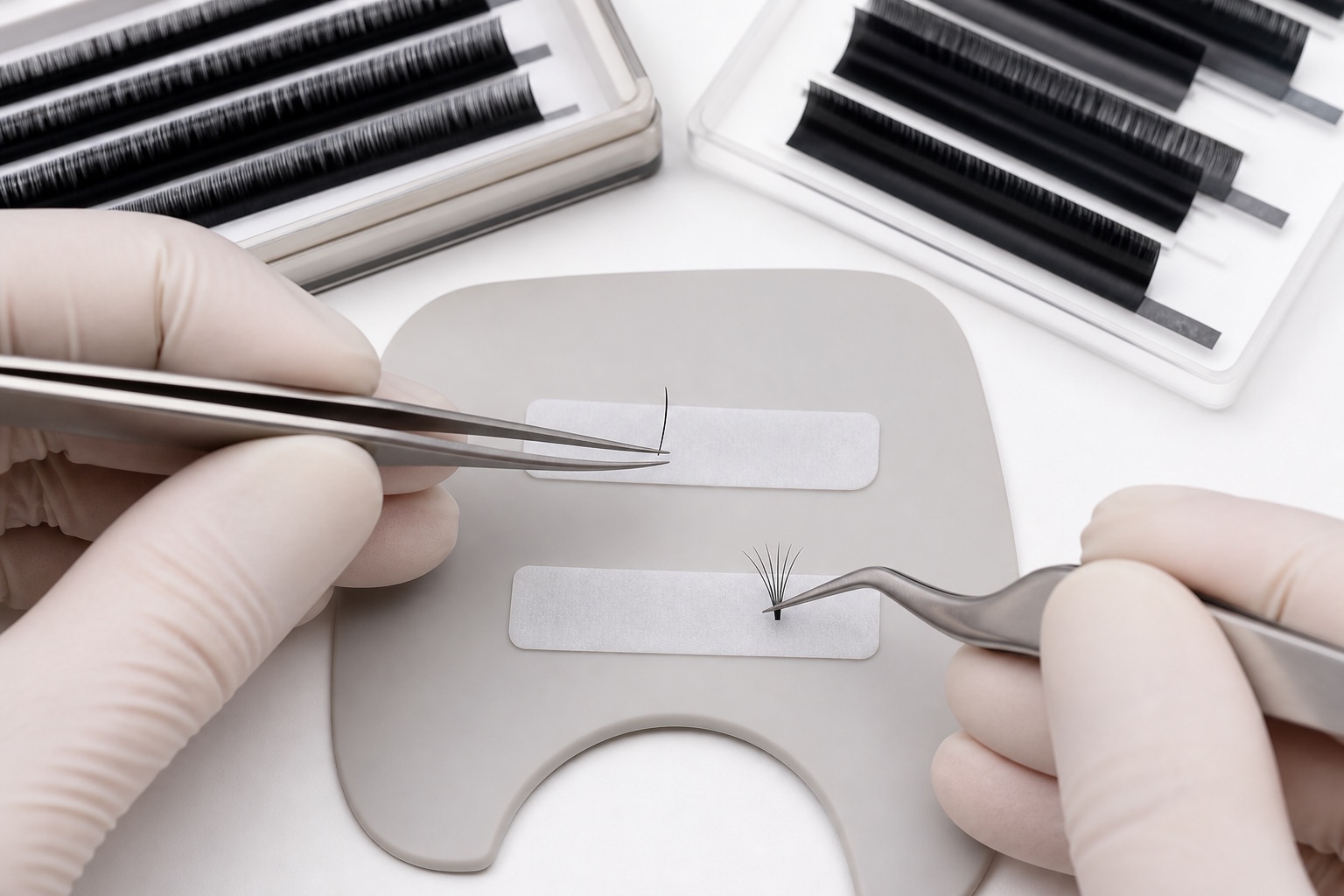 Mani con guanti e pinzette confrontano una fibra singola classica e un piccolo ventaglio volume su supporti puliti accanto a tray senza marchio