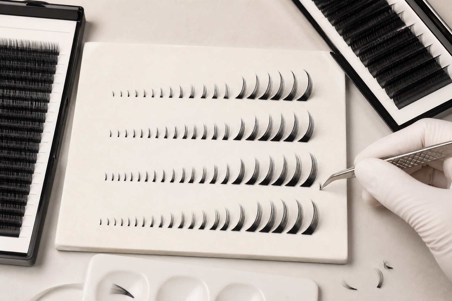 Palette professionale con fibre per extension ciglia di curvature e lunghezze differenti confrontate senza sigle commerciali