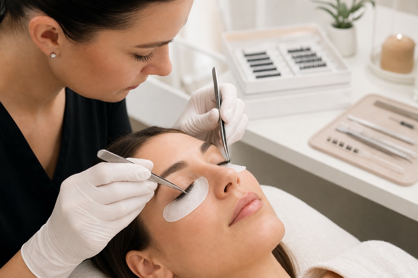 Lash artist adulta valuta le ciglia naturali di una cliente adulta con occhi chiusi prima di progettare curve, lunghezze e carico delle extension