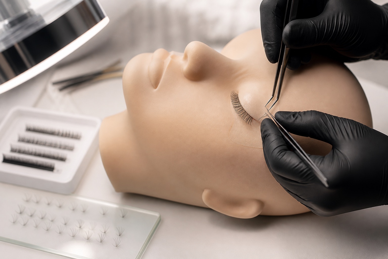 Esercitazione hybrid su mannequin con fibre classiche e ventagli volume, tray ordinato, luce professionale e due pinzette