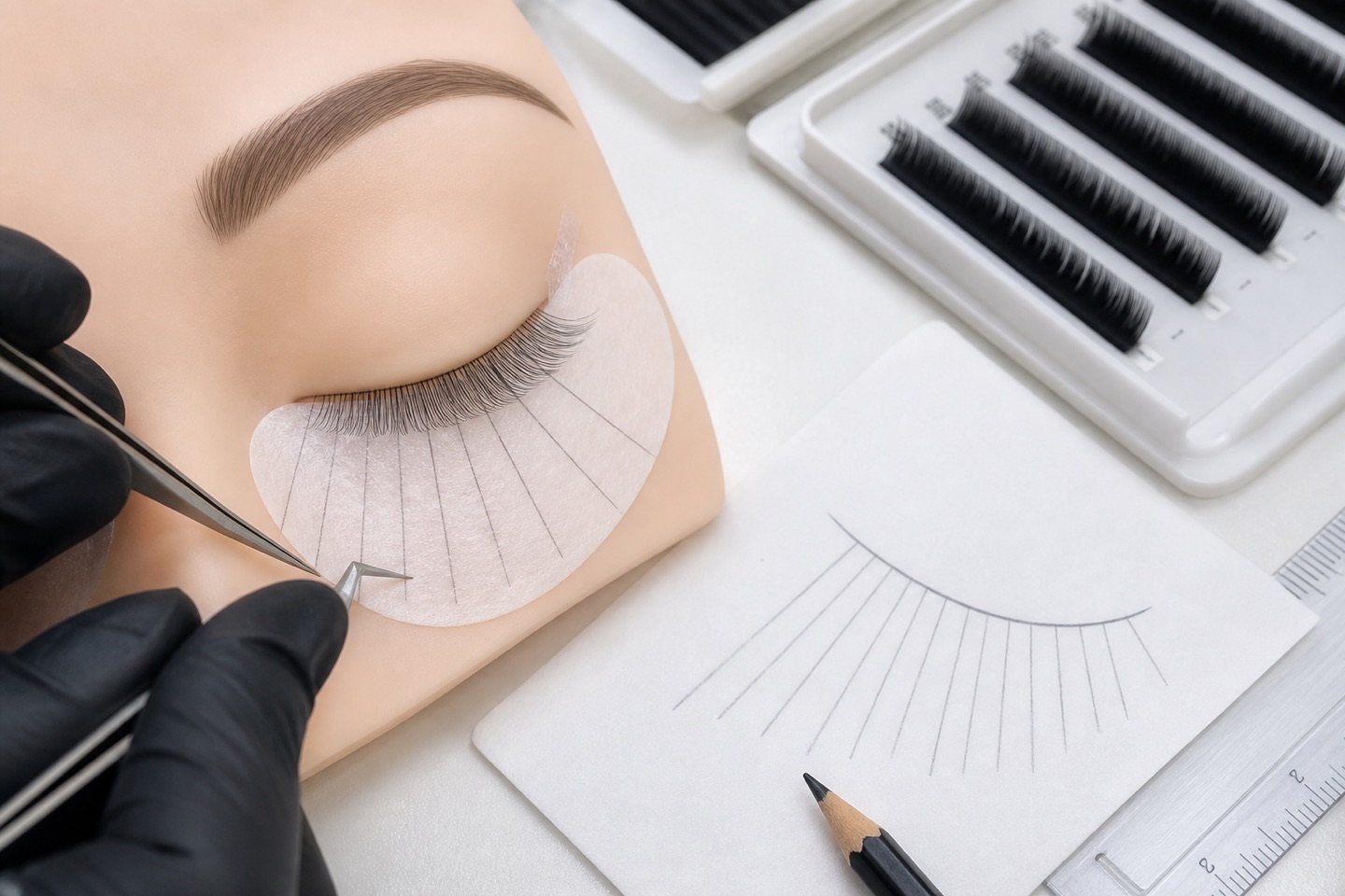 Esercitazione professionale su mannequin con mappa per zone, transizioni di lunghezza e direzioni controllate delle extension ciglia