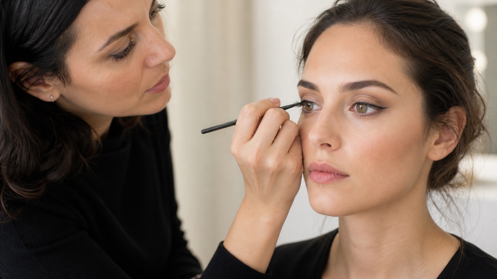 Make-up artist adulta traccia una codina di eyeliner nero su una modella adulta in uno studio luminoso