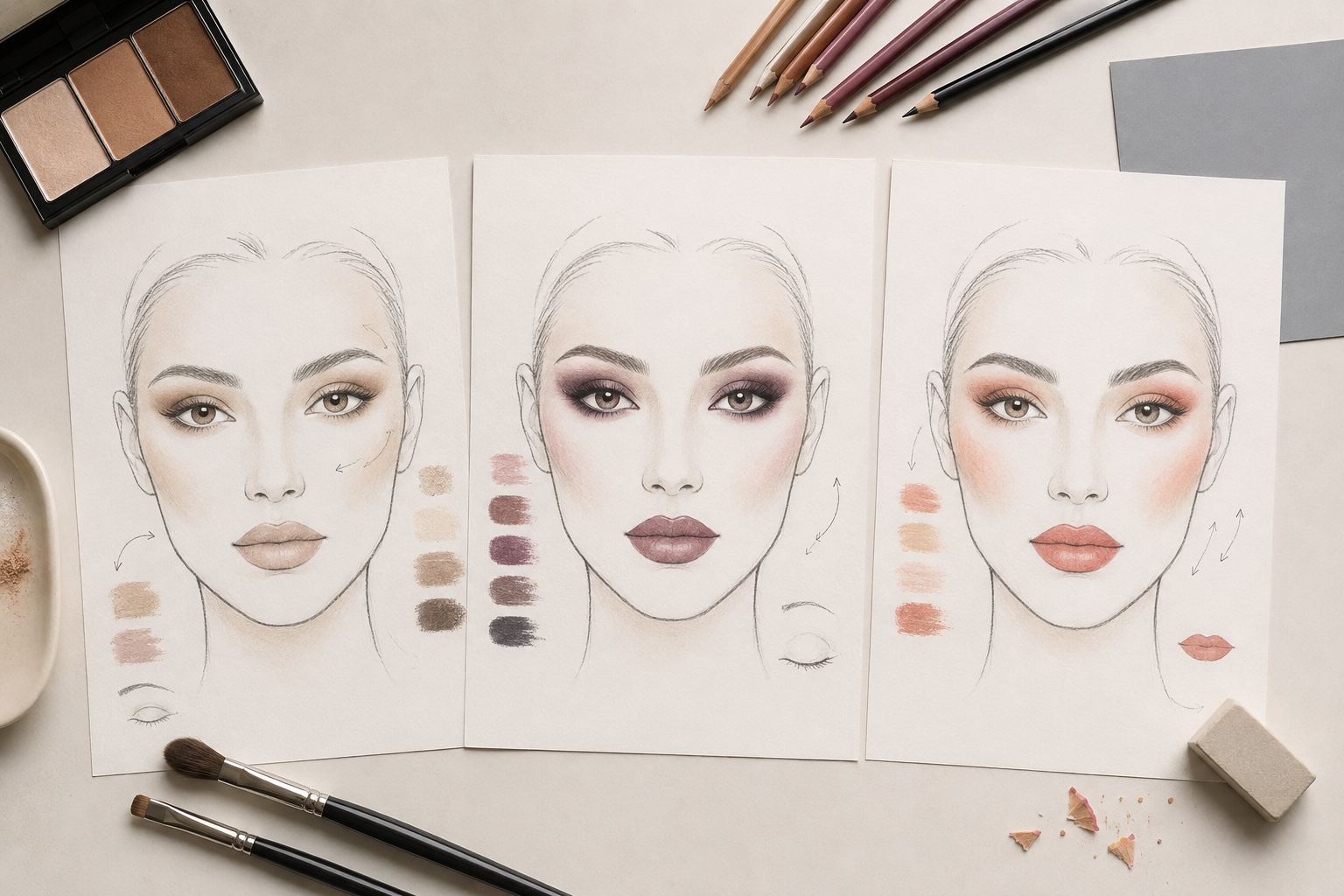Three original makeup face charts on one desk compare neutral, plum and coral colour hierarchies using the same generic template