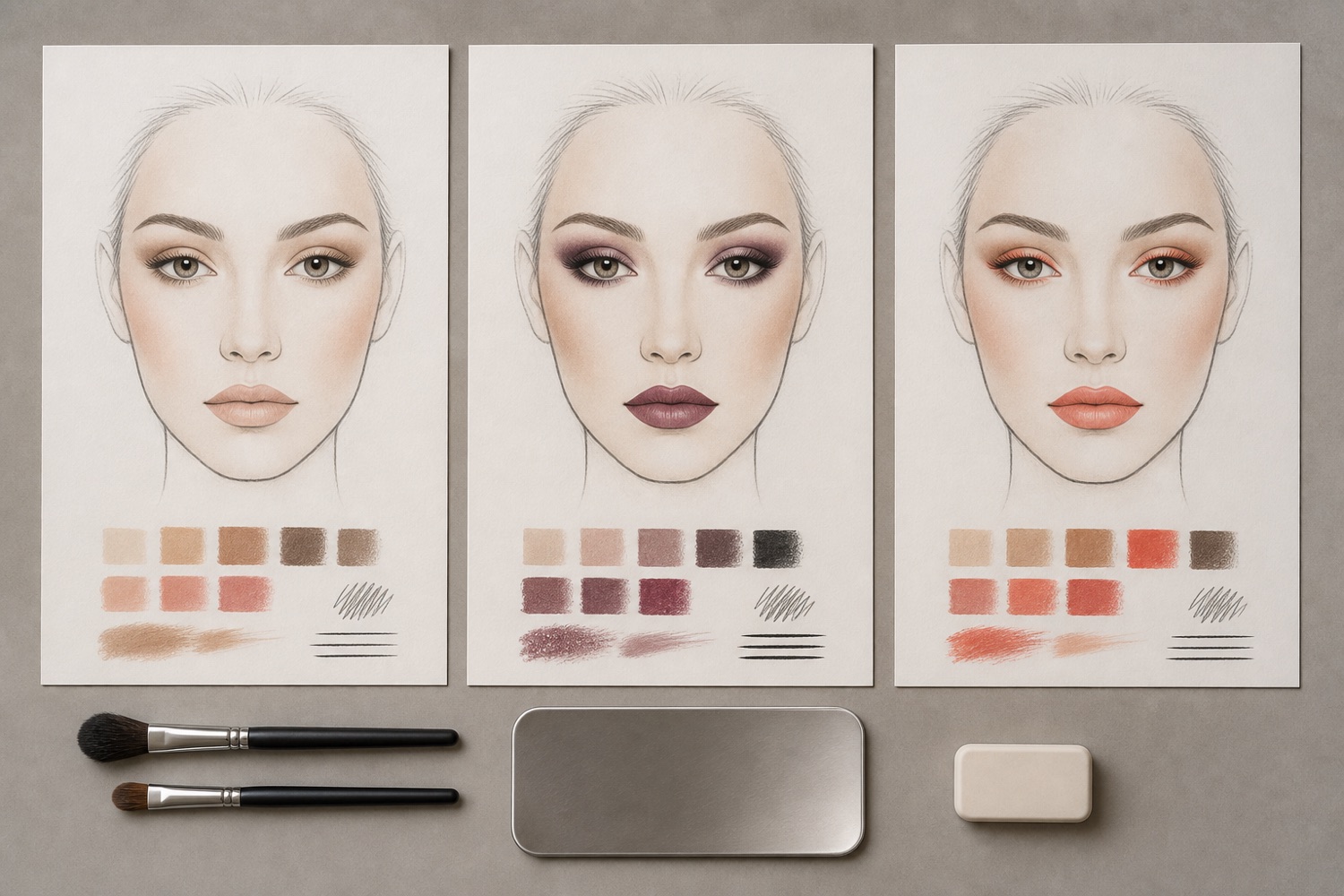Tre face chart originali allineate mostrano varianti neutra, prugna e corallo con campioni e simboli grafici senza testo
