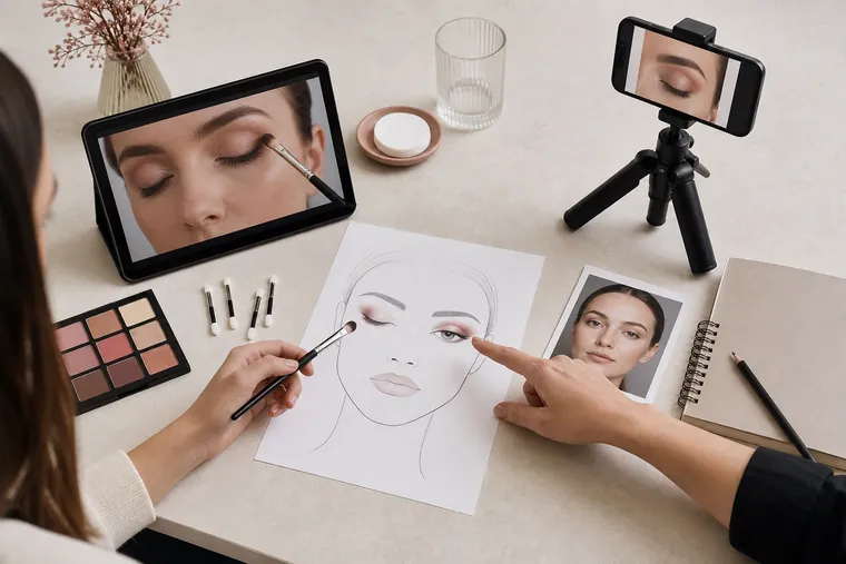 Tablet, smartphone su supporto e face chart per confrontare i dettagli di un esercizio di trucco occhi