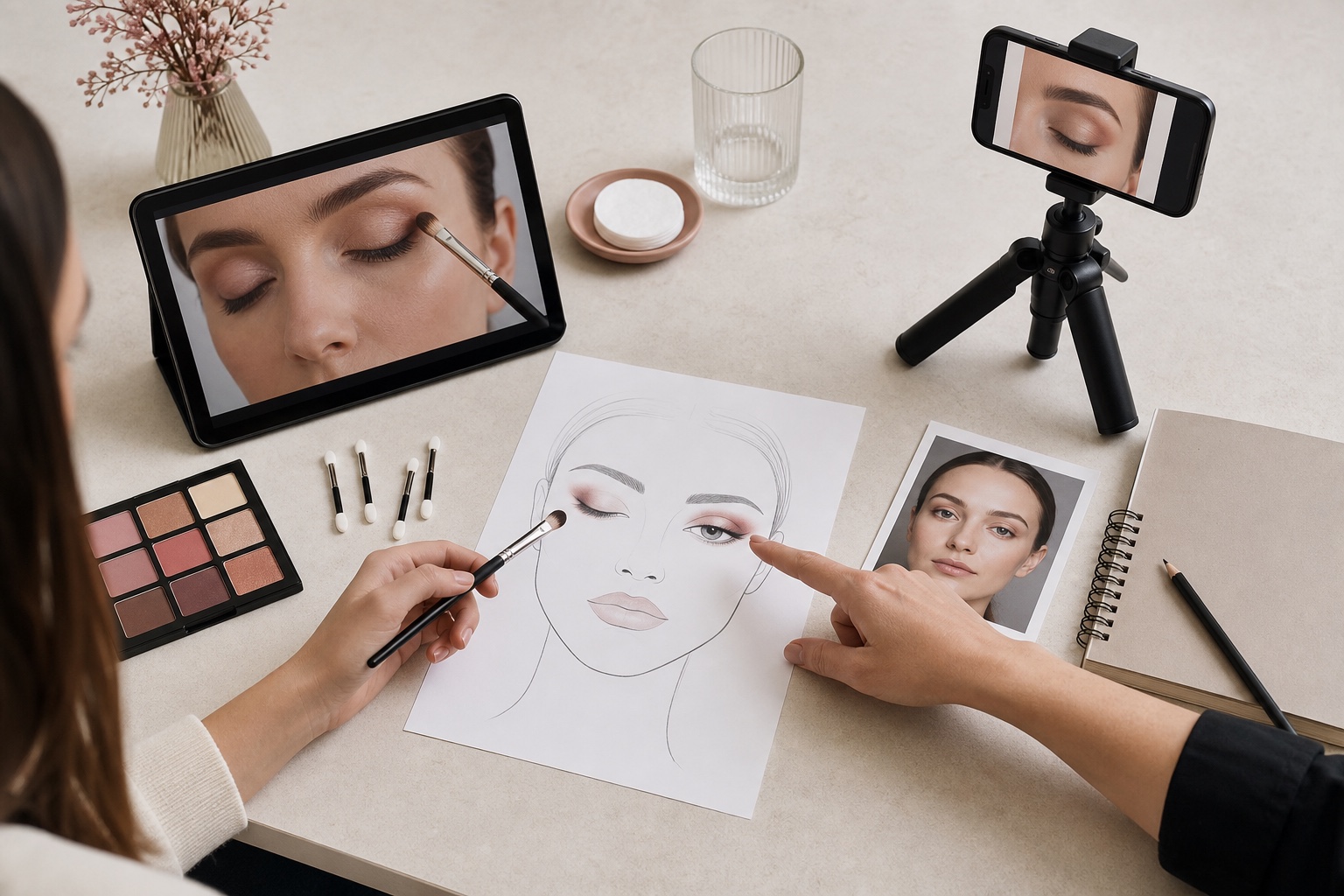 Face chart, tablet e smartphone su treppiede mostrano come documentare un esercizio make-up per ricevere feedback online o in aula