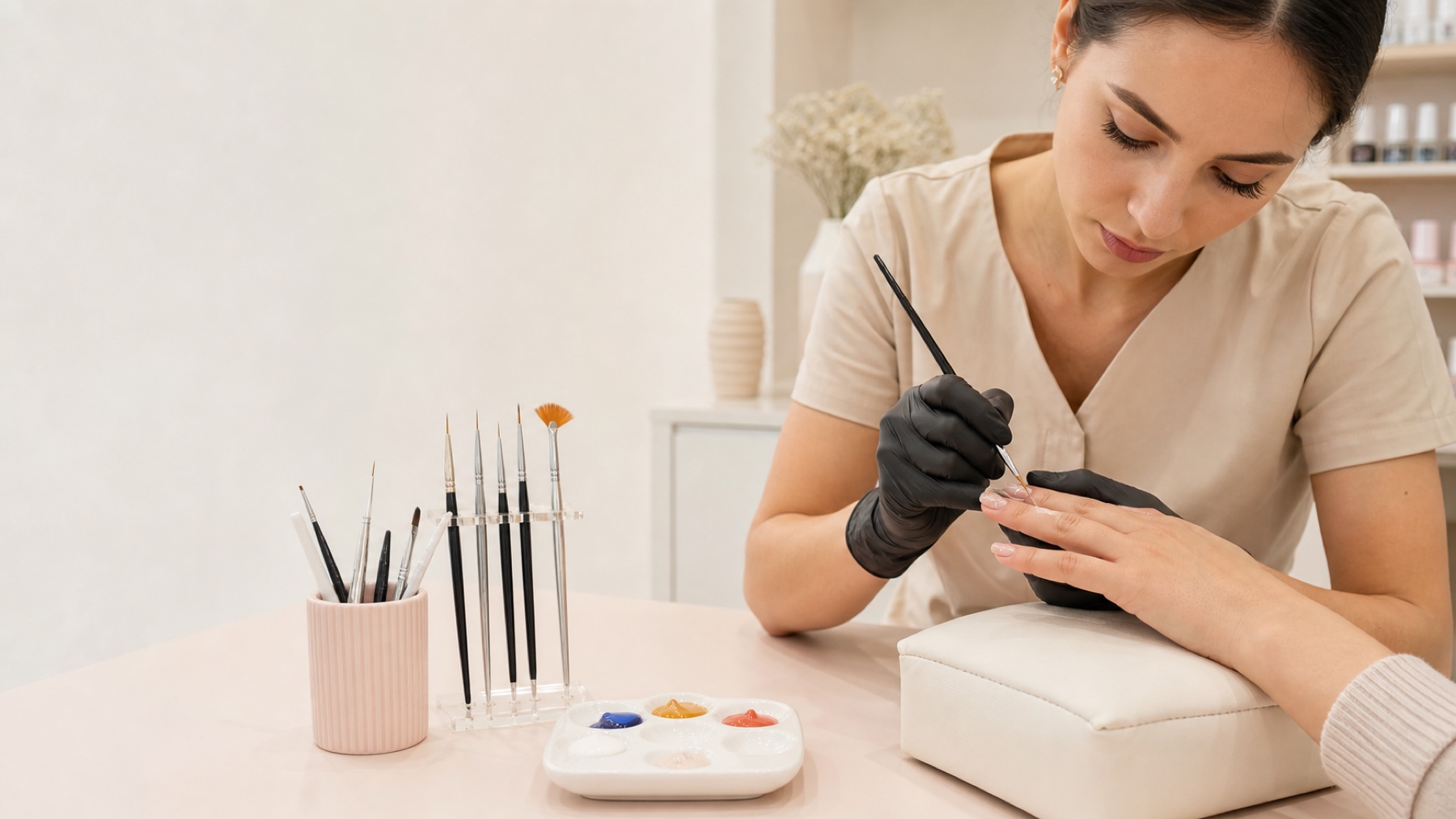 Onicotecnica dipinge un dettaglio geometrico con pennello liner accanto a pennelli e palette colore