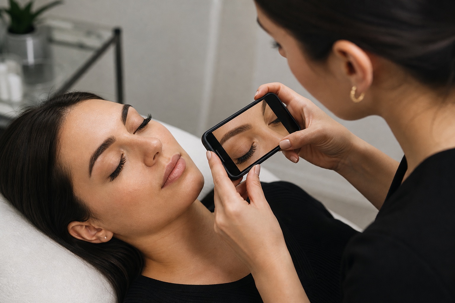 Lash maker adulta fotografa con smartphone le extension di una cliente adulta dopo il trattamento