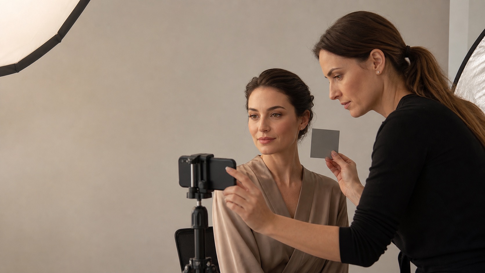 Make-up artist fotografa il trucco finito di una cliente con luce diffusa e una carta grigia di riferimento