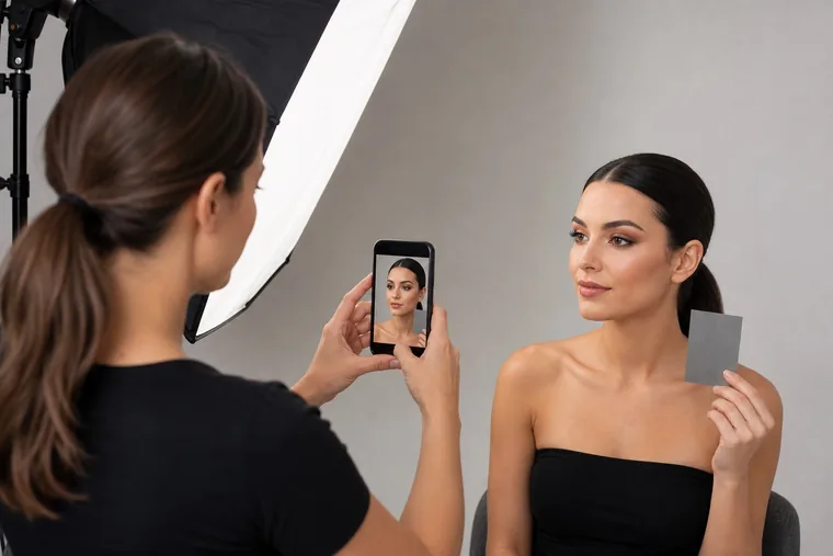 Make-up artist fotografa il volto con uno smartphone, accanto a un softbox e a una carta grigia