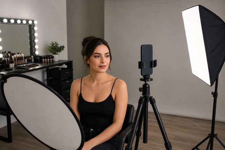 Smartphone su treppiede davanti al volto, con softbox laterale e pannello riflettente