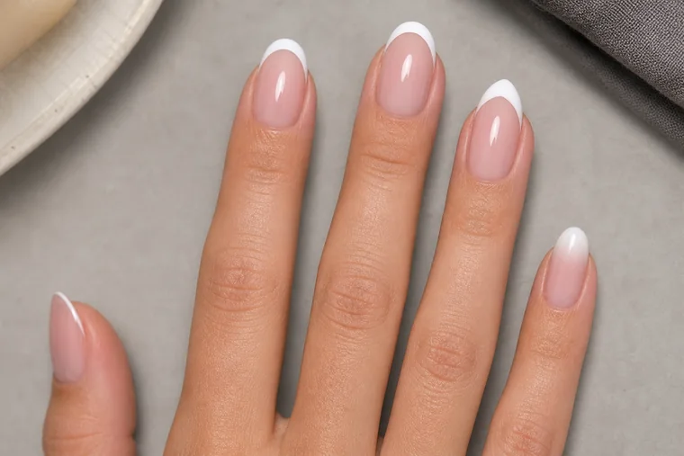Mano con punte bianche definite e una sfumatura rosa-bianco sul mignolo