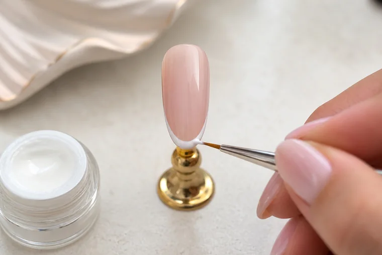 Pennello sottile vicino alla punta bianca di una tip rosa su supporto