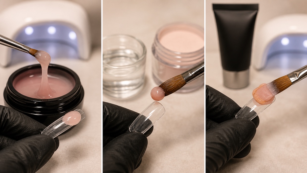 Professional comparison of builder gel, acrylic and acrygel textures for a beginner choosing a first extension system