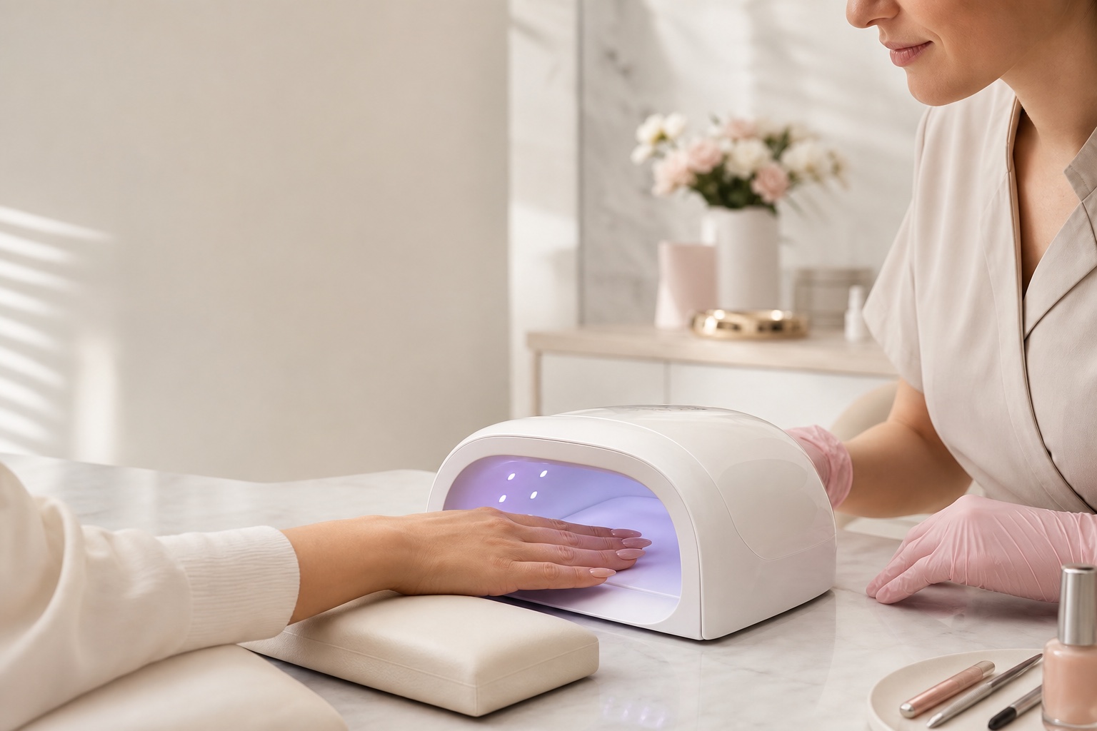 Cliente inserisce la mano con gel nude in una lampada UV LED professionale mentre l onicotecnica controlla il trattamento