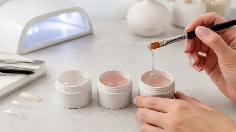 Pennello sollevato da un vasetto di gel nude, accanto a due gel di tonalità diverse