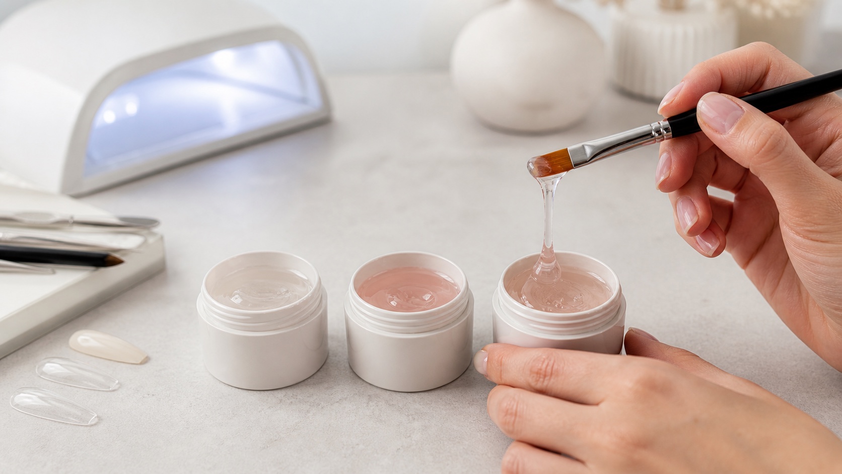 Onicotecnica confronta tre gel costruttori trasparenti e nude con pennello e lampada UV LED in uno studio professionale