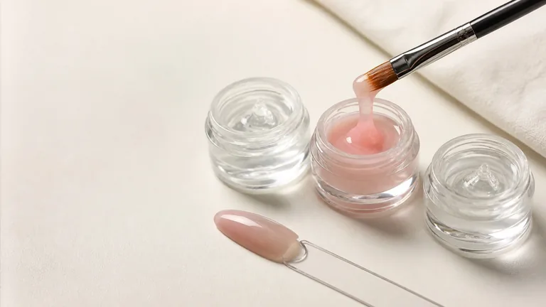 Tre vasetti di gel trasparente e rosa, un pennello e un campione su tip