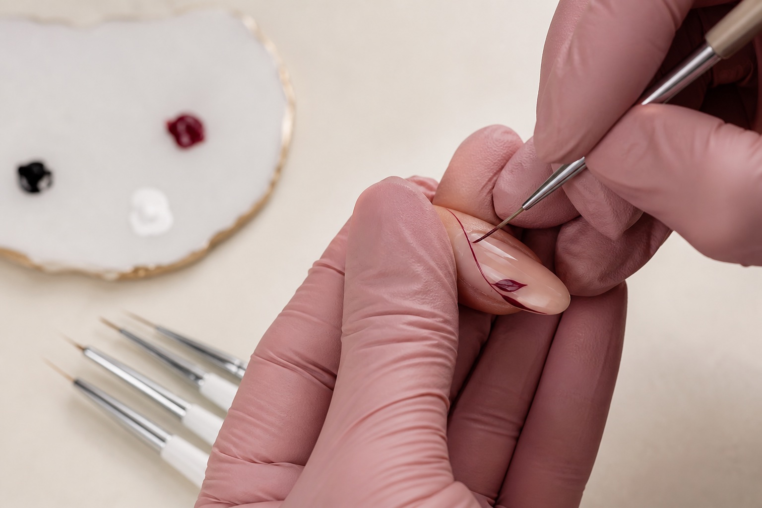 Nail artist traccia una linea botanica bordeaux con un liner sottile su unghia nude durante una sessione di Gel Painting