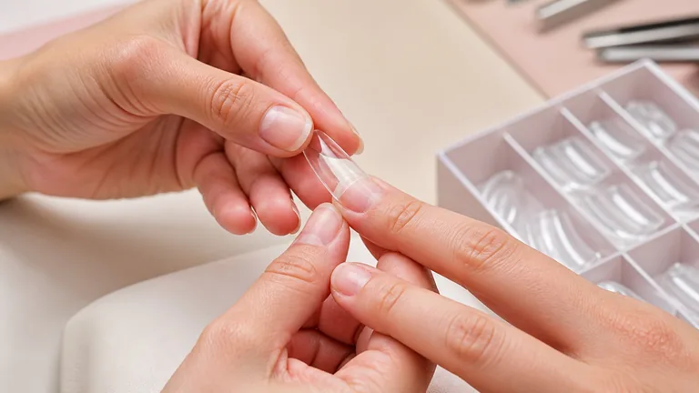 Prova di una tip trasparente su un’unghia naturale, accanto a un assortimento di misure