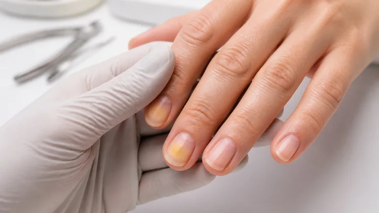 Mano sostenuta da un guanto chiaro, con una colorazione gialla visibile su due unghie
