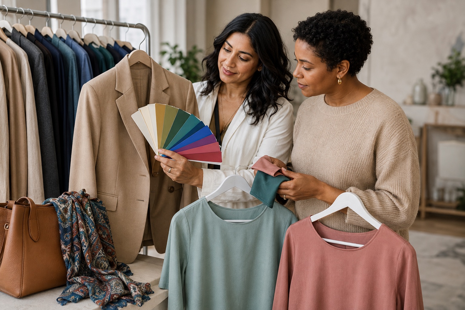 A colour consultant and adult client compare a physical palette with a jacket, tops, patterned scarf and accessories in a clothing studio