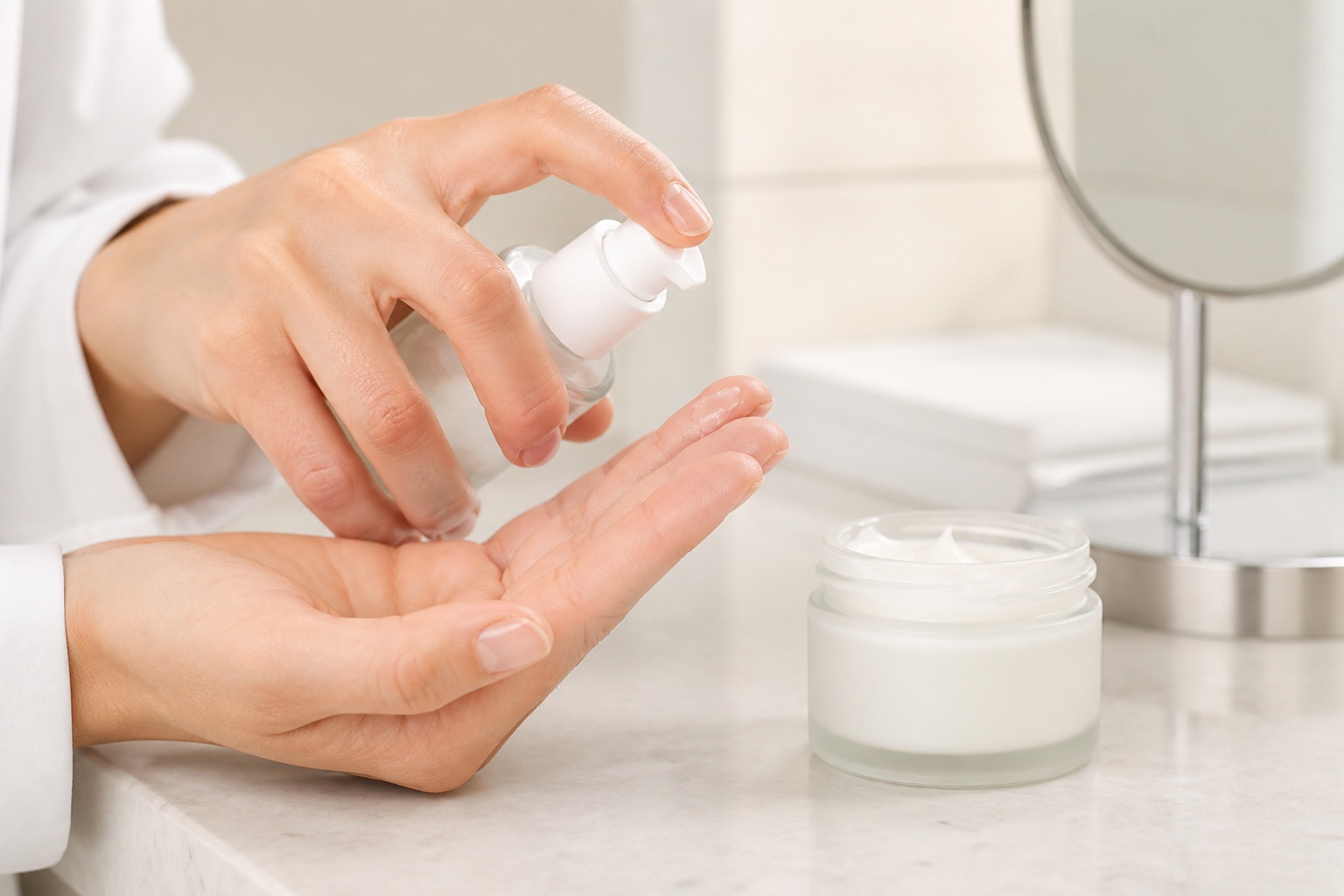 Mani pulite erogano una piccola dose di siero trasparente vicino a una crema idratante senza marchio